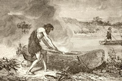 En forhistorisk mand, der bruger ild til at skabe en kano fra en træstamme af English School